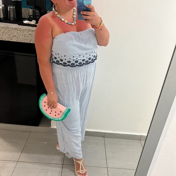 Jessica Simpson strapless blue stripe jumpsuit - Picture 6 of 10